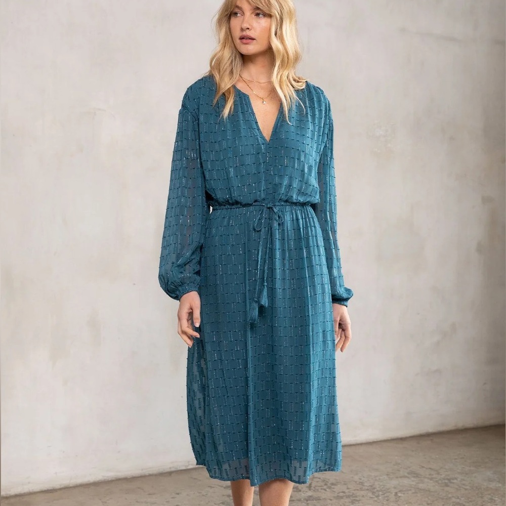 Lovestitch Disco Magic Metallic Chiffon Long Sleeve Maxi Dress Blue Size Small